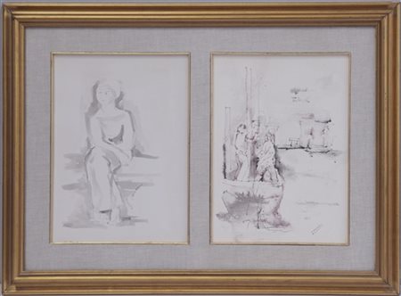 Firma indecifrata "Figura femminile" e "Uomini al lavoro" due tecniche miste su