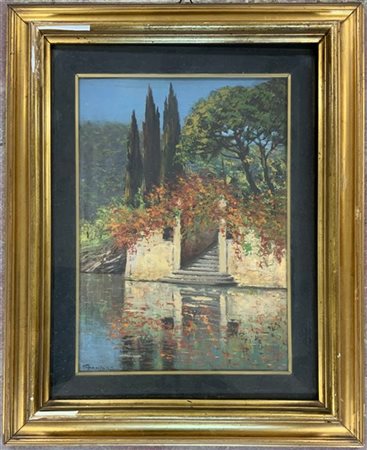G.G. Sposito "Scorcio lacustre" olio su compensato (cm 35x25) Firmato in basso a