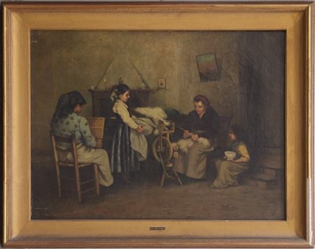 Carlo Mezzadra "La tessitura" olio su tela (cm 60x80) Siglato in basso a destra.
