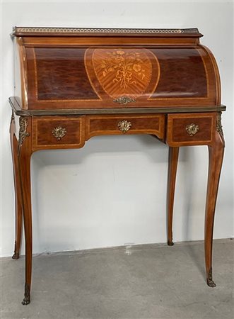 Scrittoio a rullo da centro filettato in legno chiaro, pianetto estraibile rive