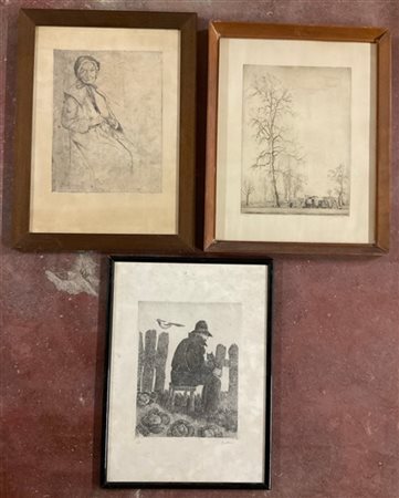 Lotto di tre acqueforti di autori, soggetti e misure differenti, in cornici (li