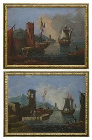 Ignoto, coppia di antichi dipinti ad olio raffiguranti marine, cm 71x96 (difett