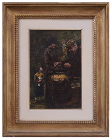 Carlo Mezzadra "Caldarroste" olio su compensato (cm 30x20) Firmato in basso a si