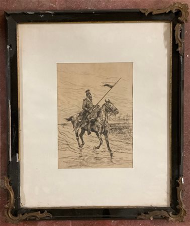 Édouard Detaille - "Militare francese a cavallo", acquaforte , in cornice (liev