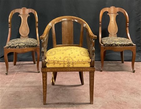 Lotto composto da una coppia di sedie a gondola del secolo XIX e una sedia a po