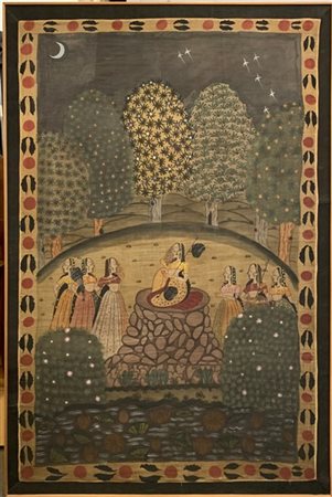 Arte indiana, pannello dipinto su tessuto con figure femminili (cm 156x99)in co