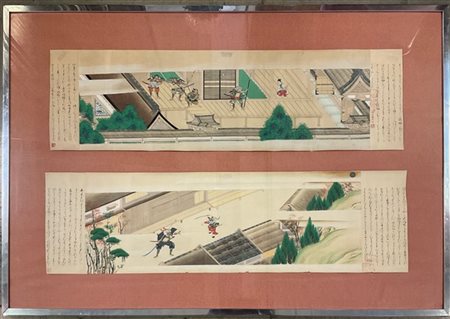 Lotto di due scroll Emaki su carta raffiguranti scene di battaglia, in unica gr