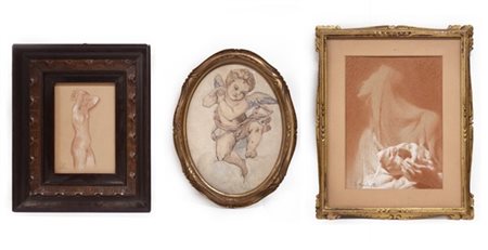 Lotto di tre disegni: due a sanguigna e biacca raffiguranti nudo femminile e de