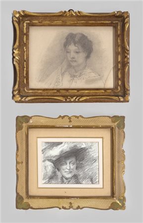 Lotto di quattro disegni a matita raffiguranti volti e figura femminile, autori