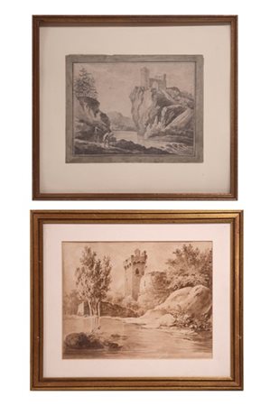 Lotto di due disegni ad acquarello e matita, uno del secolo XVIII, raffigurante