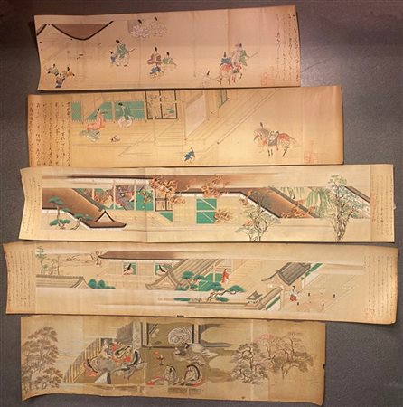 Lotto di cinque scroll Emaki su carta raffiguranti scene animate
Giappone, peri