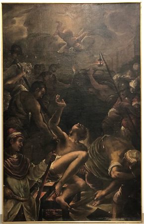 Scuola del secolo XVII, "Martirio di San Lorenzo", olio su tela (cm 211x135) (d