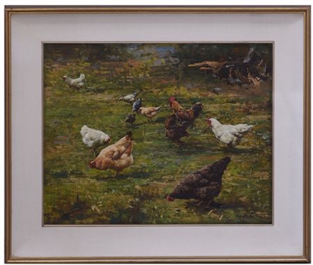 Carlo Mezzadra "Galline nel prato" olio su compensato (cm 40x50) Firmato in bass
