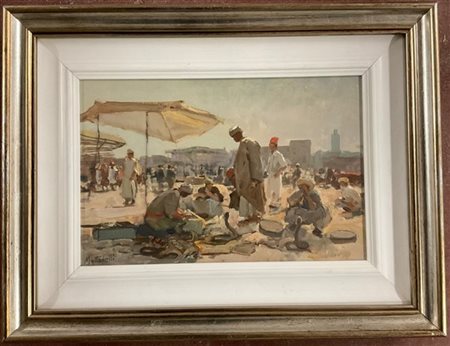 Giuseppe Mottadelli "Una piazza di Marrakech" olio su compensato (cm 20x30) Firm