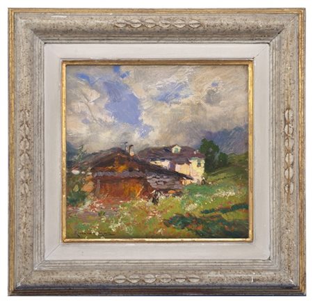 Riccardo Galli "Cascinale sopra Alagna in Valsesia" olio su cartone (cm 25.5x24.