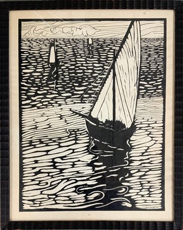 Firma indecifrata "Barche" china su carta (cm 45,5x36) firmato in basso a destr