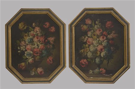 Ignoto, coppia di dipinti raffiguranti vasi con fiori, olio su compensato (cm 6