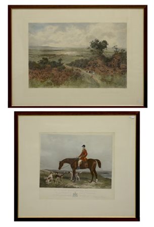 Lotto di due incisioni inglesi a colori raffiguranti un paesaggio e un cavallo