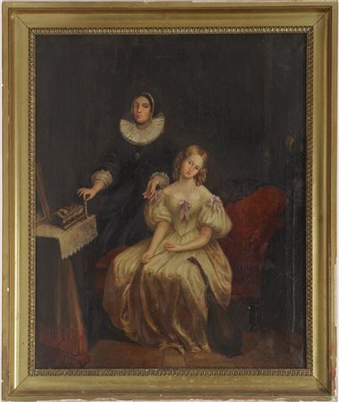 Ignoto del XIX Secolo "Scena d'interno" olio su tela (cm 56x47) in cornice 
(di