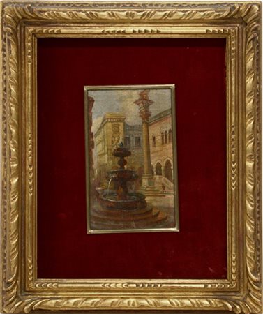 Ignoto "Piazza Contarena, Udine" olio su tavola (cm 13,5x8) Iscritto al retro.