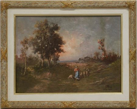 Firma indecifrata, Secolo XX "Pastorella con gregge" olio su compensato (cm 30x