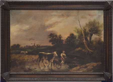 Beretta "Paesaggio con contadina e armenti" olio su tela (cm 53x80) Firmato in b