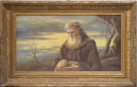 D. Meazza "Santo in un paesaggio" olio su tela (cm 47x87) Firmato in basso a des