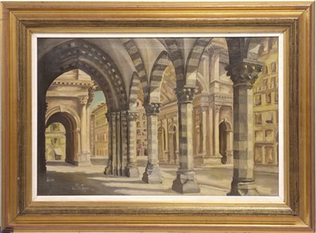 Ignoto "Scorcio con porticato" olio su tela (cm 42x63) iscritto al retro sul te