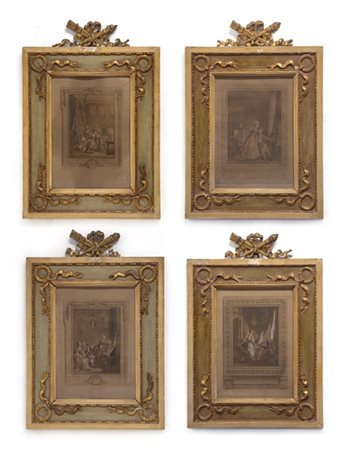 Gruppo di quattro litografie francesi a colori (cm 38x28) in cornici di legno i