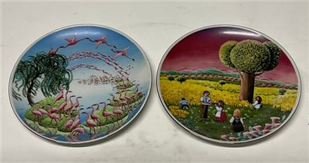 Ceramica del Ferlaro, due piatti decorativi in porcellana dipinti in policromia