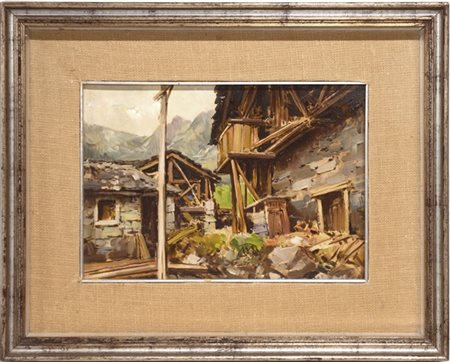 Firma indecifrata "Chalet" 1974, olio su cartone (cm 25x35) firmato e datato in