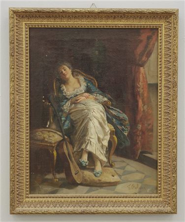 Francesco Peluso "Il riposo" olio su tela (cm 33x26) Firmato in basso a destra.