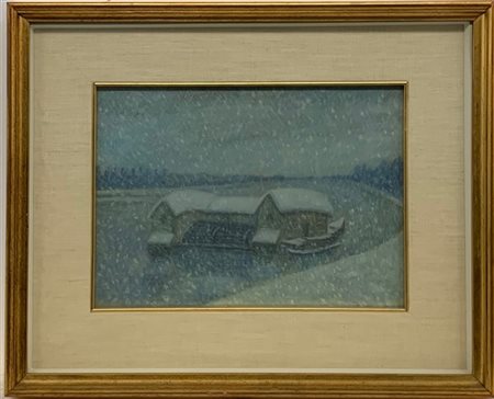 Lotto composto da un olio su cartone pressato raffigurante paesaggio innevato e