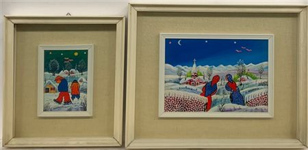 Lotto composto da tre dipinti Naif ad olio su masonite, di autori e misure dive