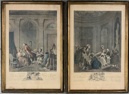 Coppia di incisioni francesi a colori raffiguranti scene d'interno (cm 52x34) i