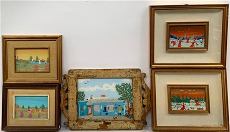 Lotto composto da cinque dipinti naif ad olio: due su masonite, due su cartone