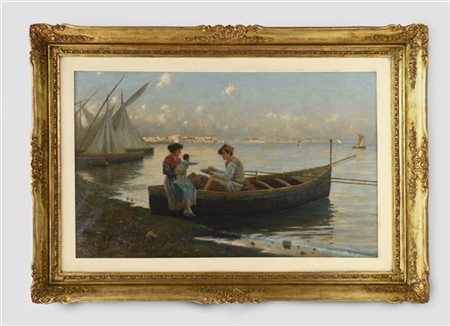 Giulio Amodio "La famiglia del pescatore" olio su tela (cm 61x102) Firmato in ba