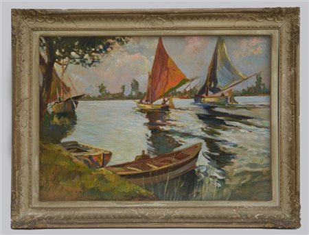 Giuseppe Caselli "Scorcio di lago con barche" olio su cartone (cm 70x100) Firmat