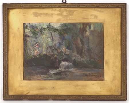 Firma indecifrata "Giardino" olio su cartone (cm 22.5x31) Firmato in basso a de