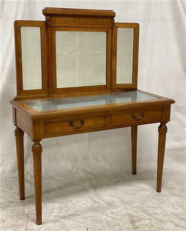 Toilette in legno a due cassetti, piano con inserto in vetro e alzata tripartit