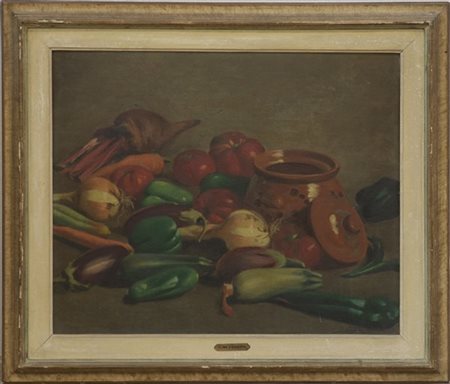 Carlo Mezzadra "I peporoni" 1942, olio su compensato (cm 49.5x60) Firmato in bas