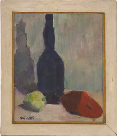 Ghidotti "Composizione con bottiglia" olio su compensato (cm 35x25) Firmato in b
