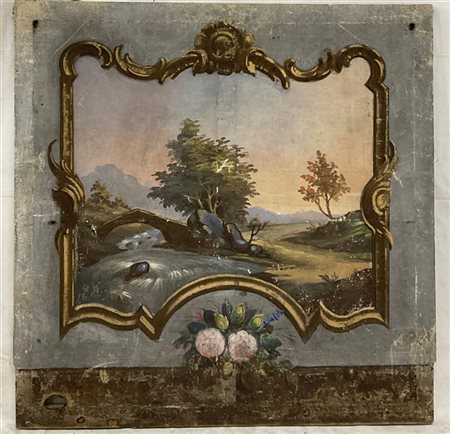 Scuola del secolo XIX, "Sovrapporta con paesaggio fluviale", olio su tela (cm 1