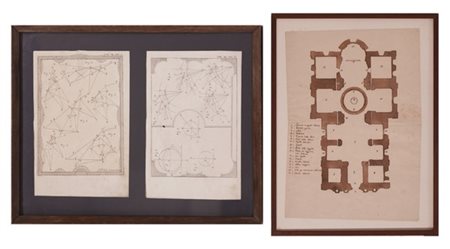 Lotto composto da un antico disegno ad acquarello raffigurante la pianta di una