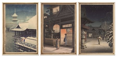 Gruppo di tre xilografie, una di Azuye e due della scuola di Ukiyo-e raffiguran