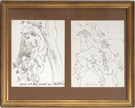 Firma indecifrata "Figure" coppia di disegni a matita e carboncino (cm 28x22) f