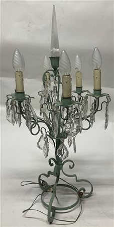 Girandole a sei luci in ferro battuto e verniciato color verde acqua con pendag