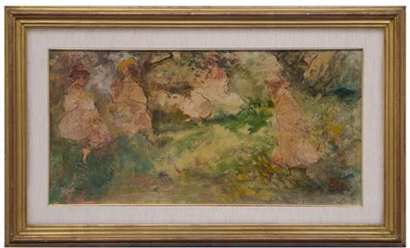 Pompeo Mariani "Nel bosco" 
olio su cartone (cm 26,5x52,5)
Firmato in basso a si