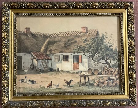 Andreas Peter Madsen "Cottage" tecnica mista su carta (cm 22x29) Firmato e datat