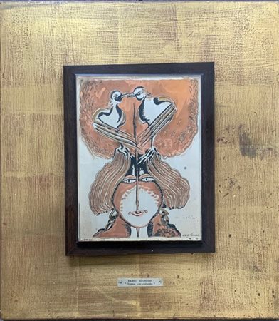 Remo Brindisi "Donna con colombi" 
multiplo su lastra metallica (cm 24x18) monta